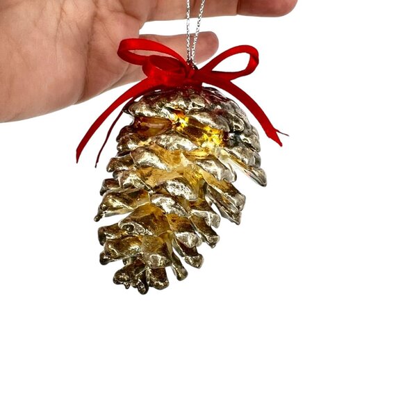 Silver Pine Pinecone Ornament With Red Bow - Picture 3 of 15